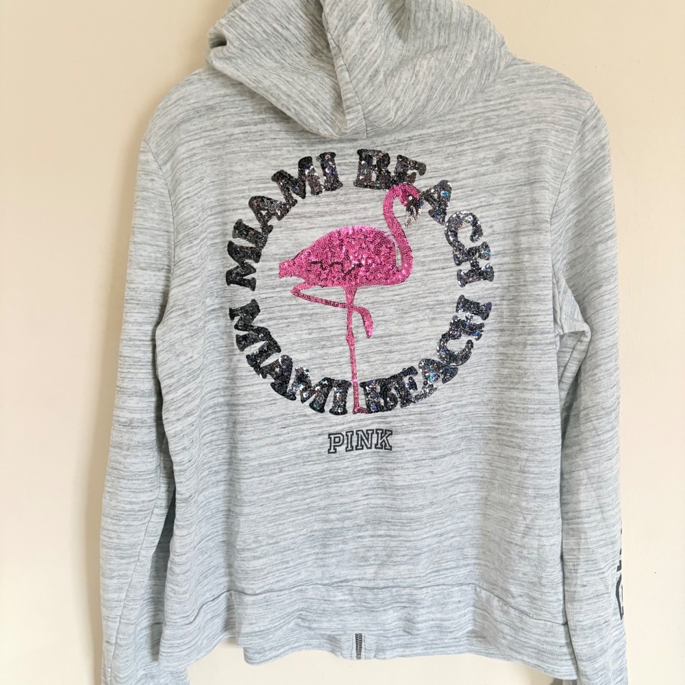 PINK Victoria's Secret Flamingo Miami Beach Sequin Full Zip Hoodie Large Y2K - Picture 2 of 12